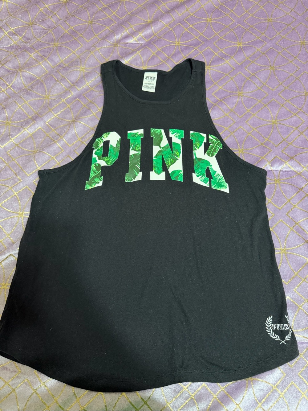 💥 WOMANS PINK Black Tank Top with Green Leaf Logo